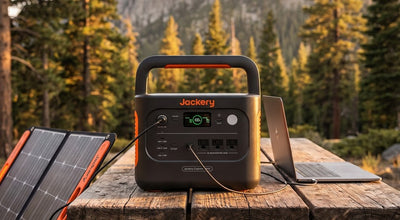Jackery Explorer 1000 V2 portable power station at campsite with laptop and solar panel connected