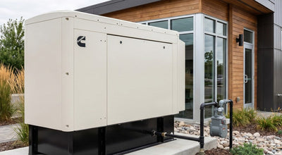 Cummins commercial natural gas standby generator on a concrete pad beside a small business with a natural gas line