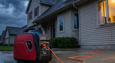 Red portable inverter generator running at dusk on a suburban driveway with an orange extension cord running into the house during a storm
