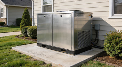 Whole house standby generator installed beside a suburban home