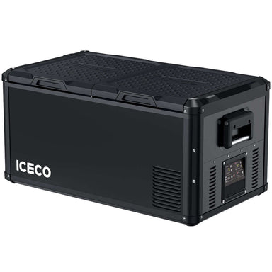 An ICECO Wholesale portable refrigerator in black, equipped with a dual lid design and a dependable Secop compressor. The front features a digital control panel and vent, alongside a side handle for easy portability. Its sleek and robust exterior also incorporates a USB charge port for enhanced convenience.