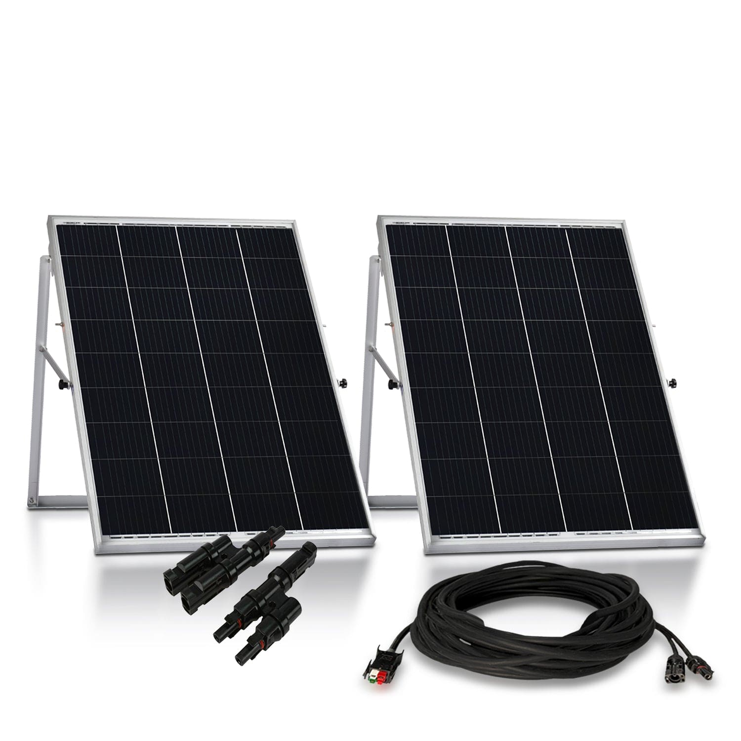 Two black 100W Nature's Generator Monocrystalline solar panels with supporting frames are arranged side by side, shown as a kit with MC4 connectors and a coiled extension cable, all set against a white background.