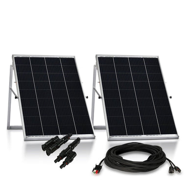 Two black 100W Nature's Generator Monocrystalline solar panels with supporting frames are arranged side by side, shown as a kit with MC4 connectors and a coiled extension cable, all set against a white background.