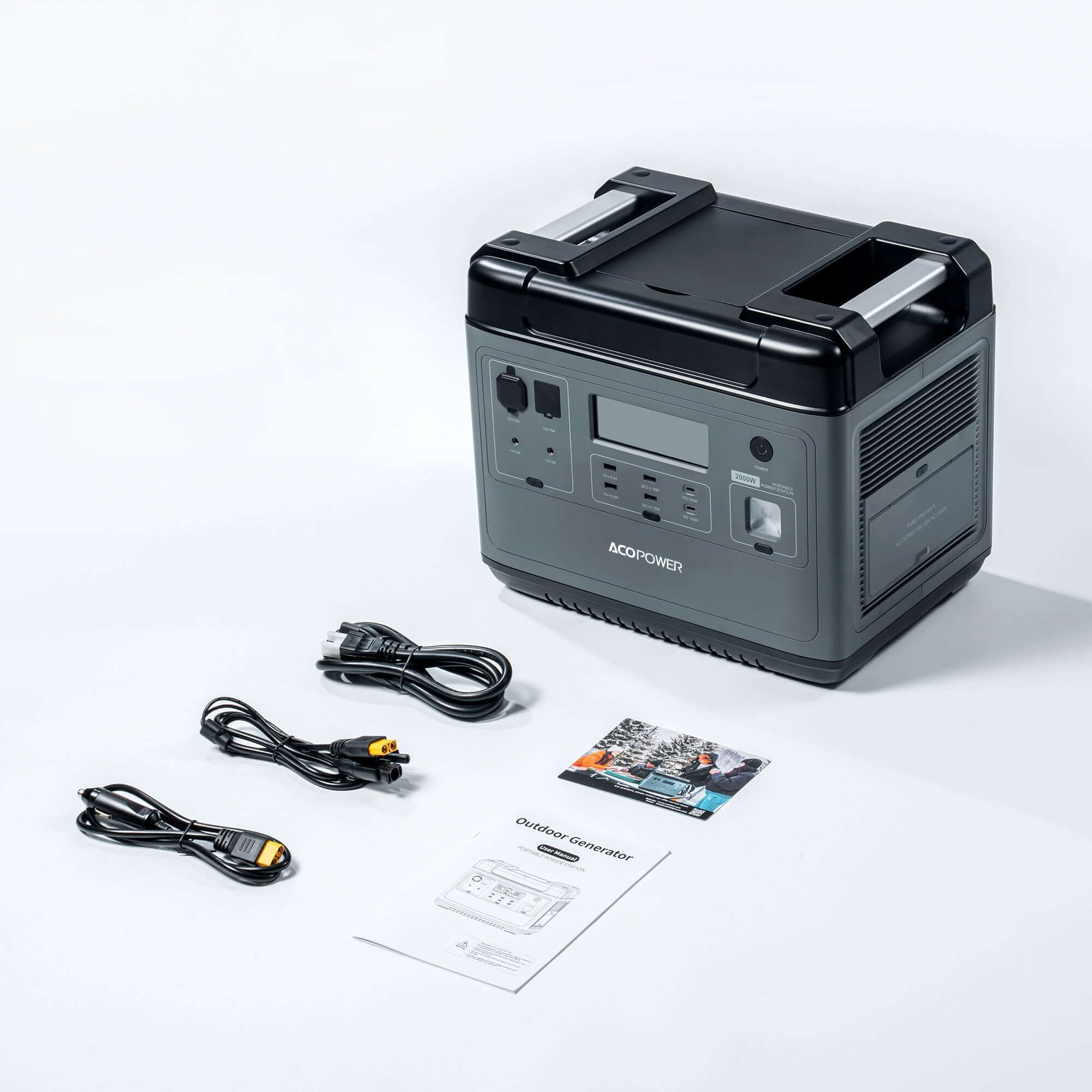 ACOPOWER's portable power station offers a strong 2000W output and 2000Wh capacity, featuring AC and USB outlets on a white surface. It includes three cables, an instruction manual, and a promotional card.