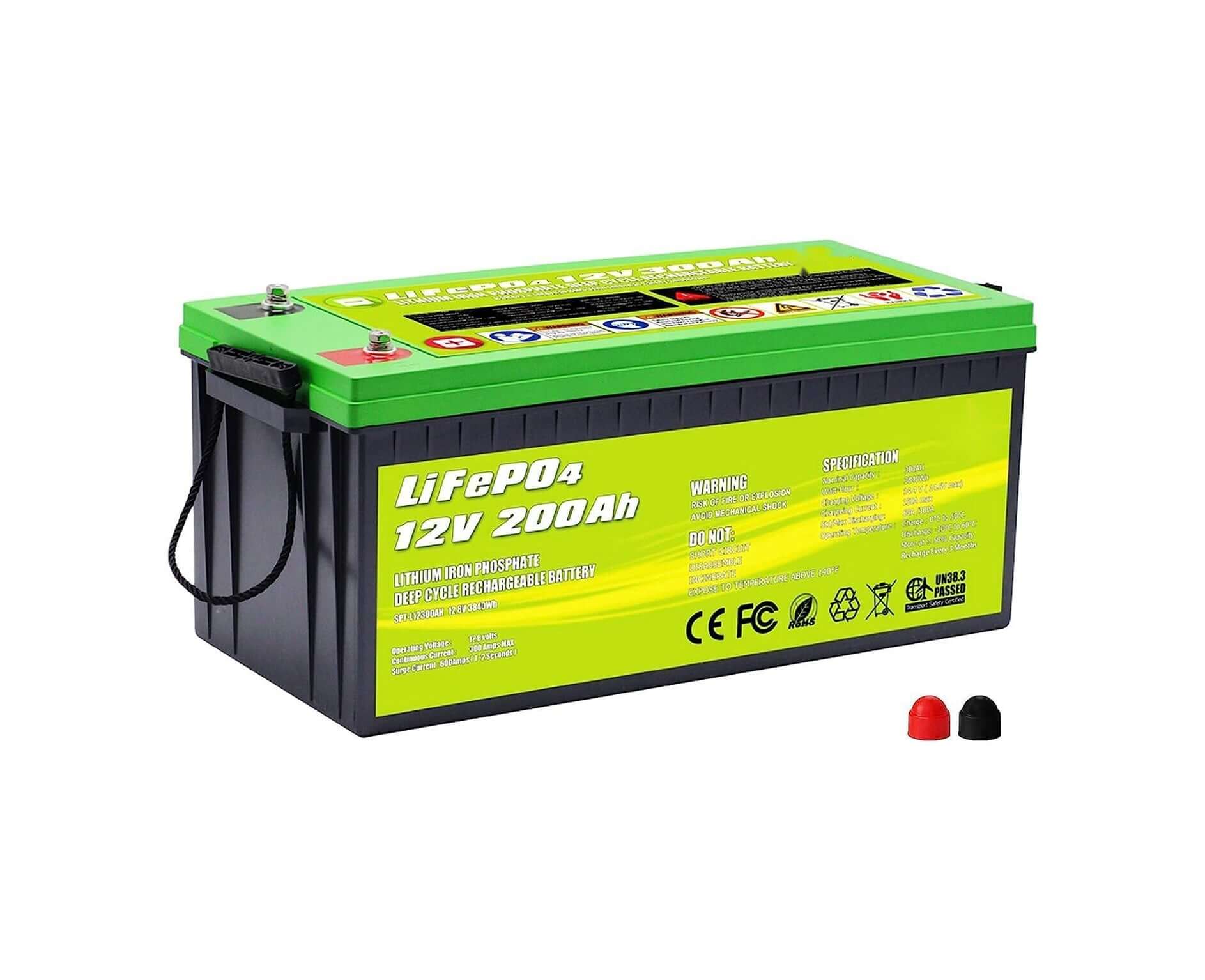 The ACOPOWER deep cycle lithium battery boasts a green and black design, featuring 12V 200Ah LiFePO4 specifications. It comes with warning labels and usage information, along with two terminal caps in red and black, conveniently located in the bottom right corner for easy access and safe operation.