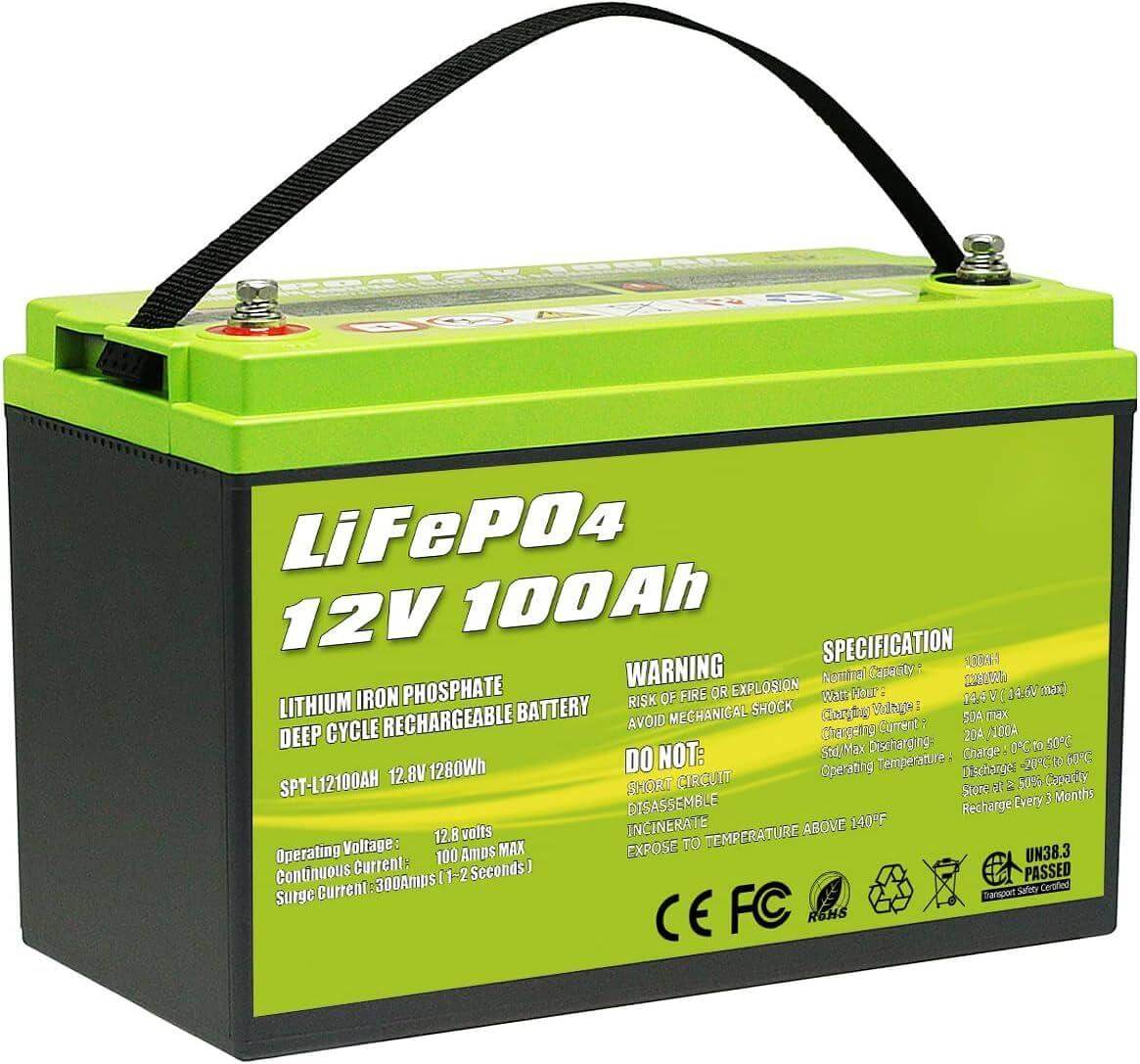 Here is an image of an ACOPOWER LiFePO4 12V 100Ah lithium iron phosphate deep cycle rechargeable battery, featuring a Battery Management System. The green battery, which includes a black base and carrying handle, displays its specifications and warnings on the label alongside several certification logos.