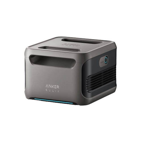 The Anker SOLIX BP3800 is a compact, gray device with a minimalist design featuring an 840Wh LFP battery. It includes a top handle, side ventilation, and a lens on one side, with the brand name Anker prominently displayed on the front.