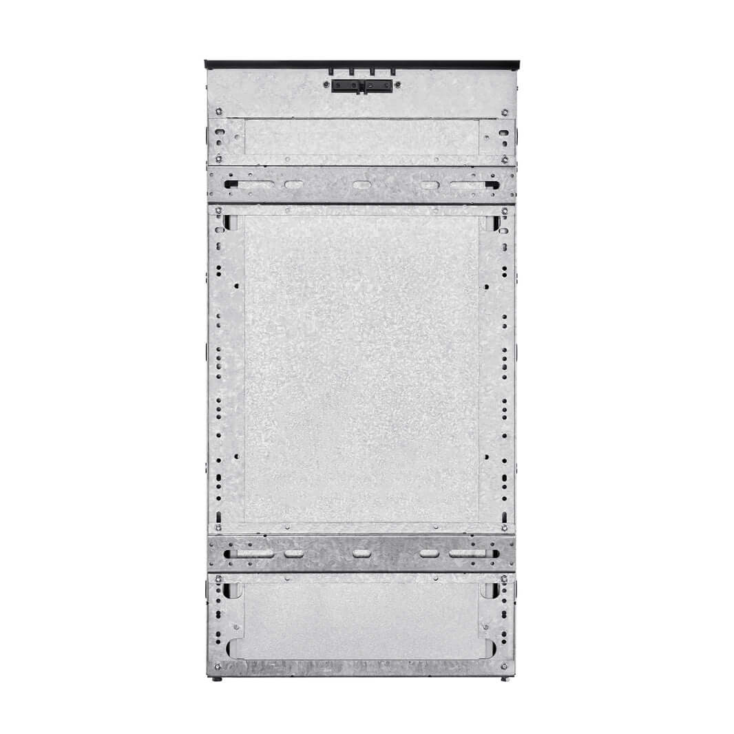 The ICECO Wholesale metallic refrigerator features an open cavity for housing units, made of durable galvanized sheet metal. Its unpainted exterior showcases structural details including screw holes and a top handle.