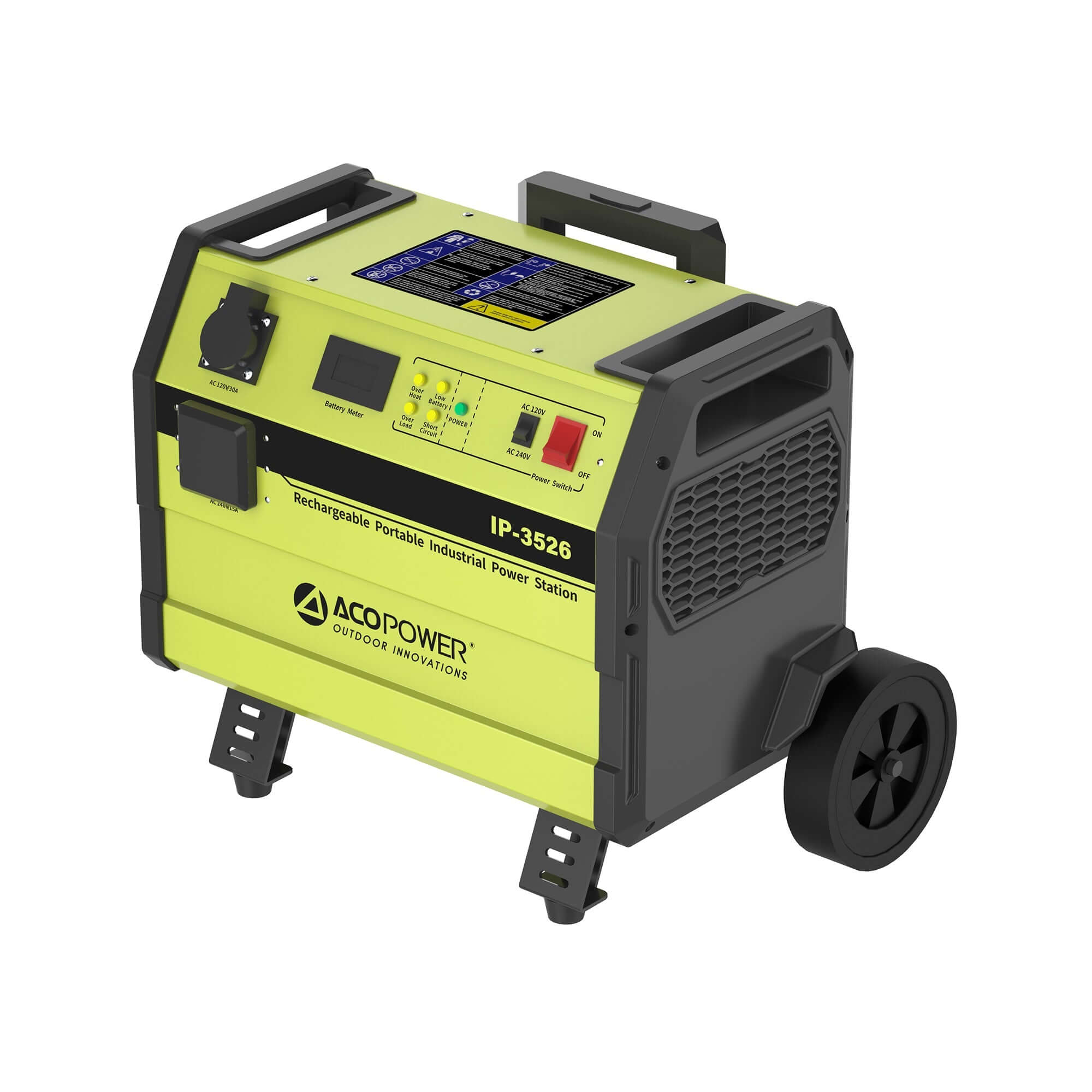 The image shows a green and black portable industrial power station, ideal for construction needs. It has a handle, wheels, digital display, and various buttons. The labels indicate model "IP-3526" and brand "ACOPOWER.
