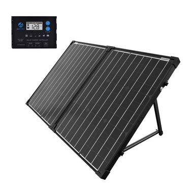 An off-grid solar setup featuring a high-efficiency ACOPOWER portable solar panel with two panels elegantly propped on a stand. Beside it sits a compact ACOPOWER solar charge controller, proudly displaying a digital reading of 12.8.