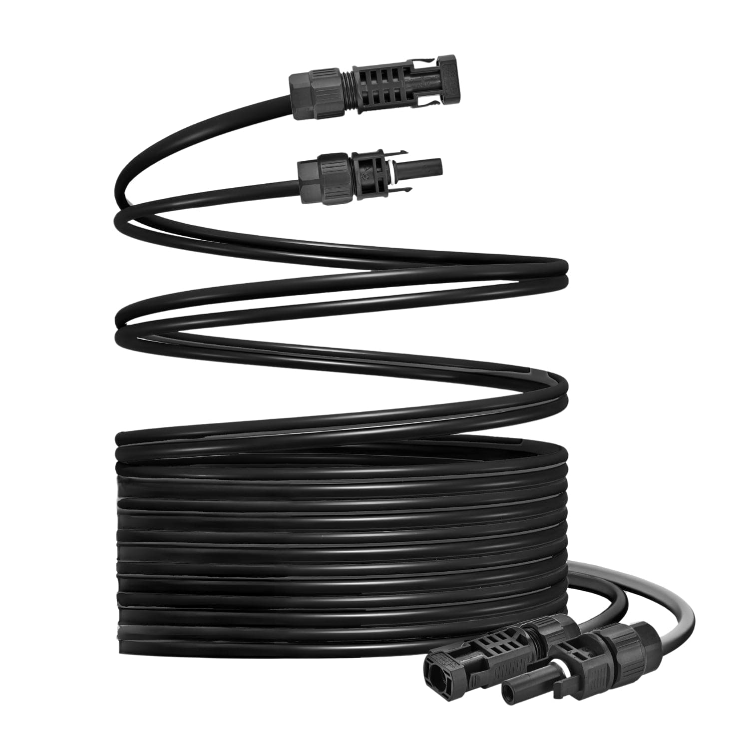 A coiled black Nature's Generator solar cable, 50 feet long, with secure MC4 connectors at both ends, ideal for solar panel or electrical connections. Shown isolated on a white background.