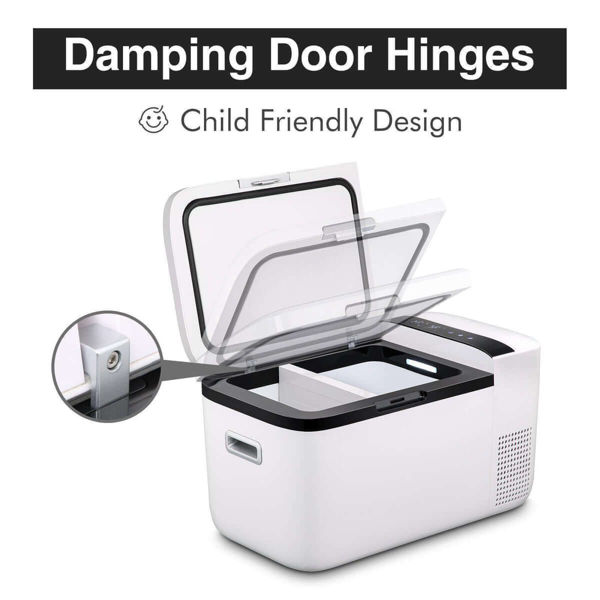 Image of a white box with an open lid, showcasing the damping door hinges mechanism by ICECO Wholesale. Text reads "Damping Door Hinges" and "Child Friendly Design," emphasizing safety. Inset close-up highlights hinge detail, ideal for portable fridges with low energy consumption.