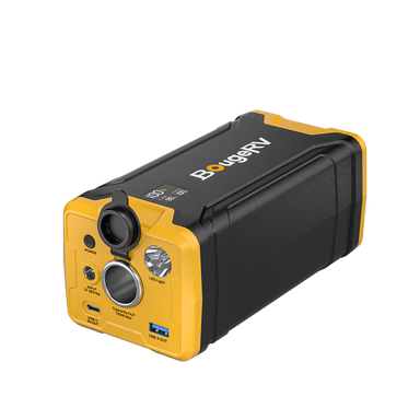 The BougeRV Portable Power Station features a distinctive black and yellow design, offering versatile charging with USB, USB-C, and 12V outputs. It includes a power button, an LED light, and prominently displays the BougeRV brand name on top.