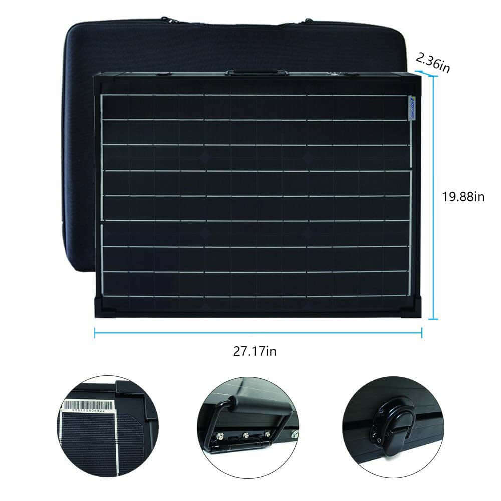 An ACOPOWER high efficiency solar panel is showcased with a carrying case in the background. The dimensions are marked at 27.17 inches wide, 19.88 inches high, and 2.36 inches deep. Three close-up insets highlight the details of the panel's corners and mounting features, making it ideal for portable solar solutions.