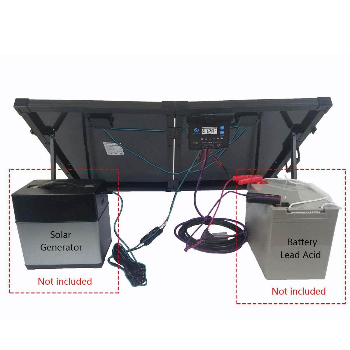 An ACOPOWER high-efficiency solar panel setup is presented with a control unit and connecting cables. The display also includes a portable solar generator and a lead-acid battery, both labeled as not included.