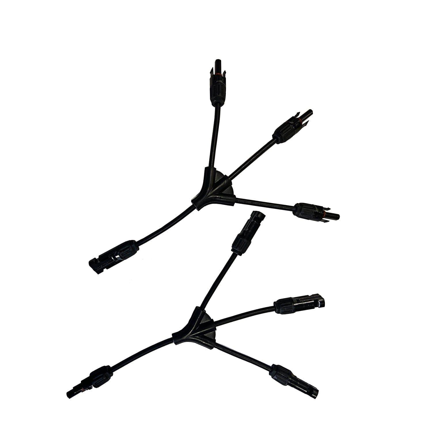 Two black Y-shaped 3-way solar connectors by Nature's Generator are shown on a white background, each with two male and one female plug on short cables—ideal for use with Nature's Generator Elite systems.