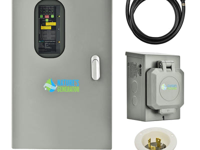 A Nature's Generator transfer switch kit is displayed on a white background, featuring a gray switch panel, power inlet box, outlet, black extension cord, and white test stick.