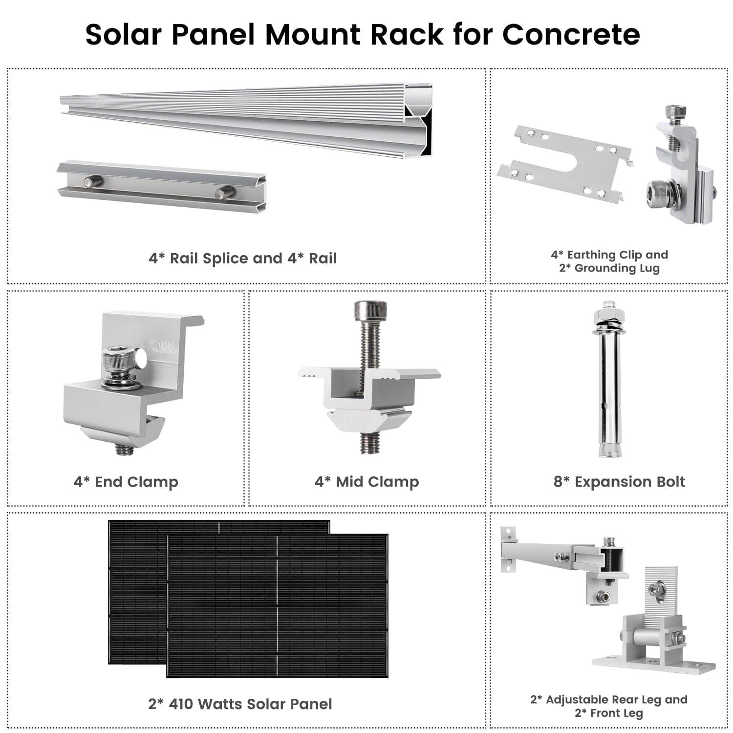 A diagram displays components of Nature's Generator Solar Panel Mount Rack for concrete, including rail splice, 410W solar panel, earthing clip, grounding lug, end clamp, mid clamp, expansion bolt, and adjustable rear and front legs.