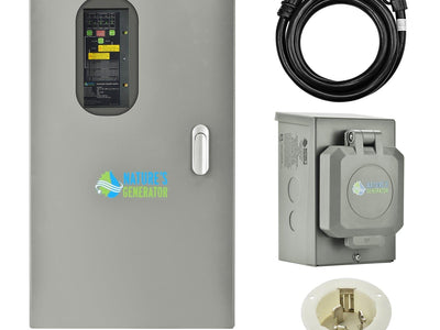 A gray Nature's Generator electrical panel, black dual-connector power cord, gray connection box, white power inlet, and yellow-white label—perfect for backup power or as an automatic transfer switch.