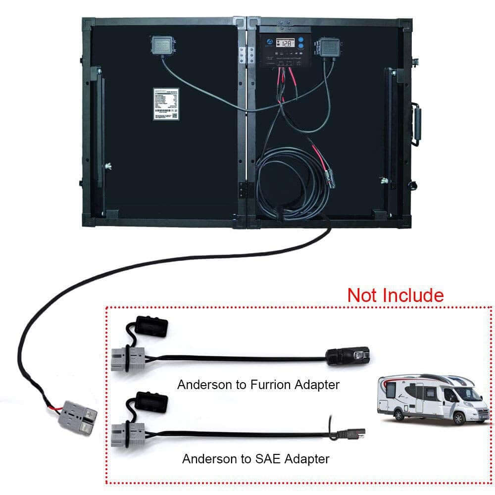 The ACOPOWER foldable solar panel kit, designed for high efficiency and equipped with attached cables, is featured. Below the kit, two types of adapters are displayed: an Anderson to Furrion Adapter and an Anderson to SAE Adapter. A note reads "Not Included," while an image of a camper on the right highlights its portable solar panel capabilities for off-grid adventures.