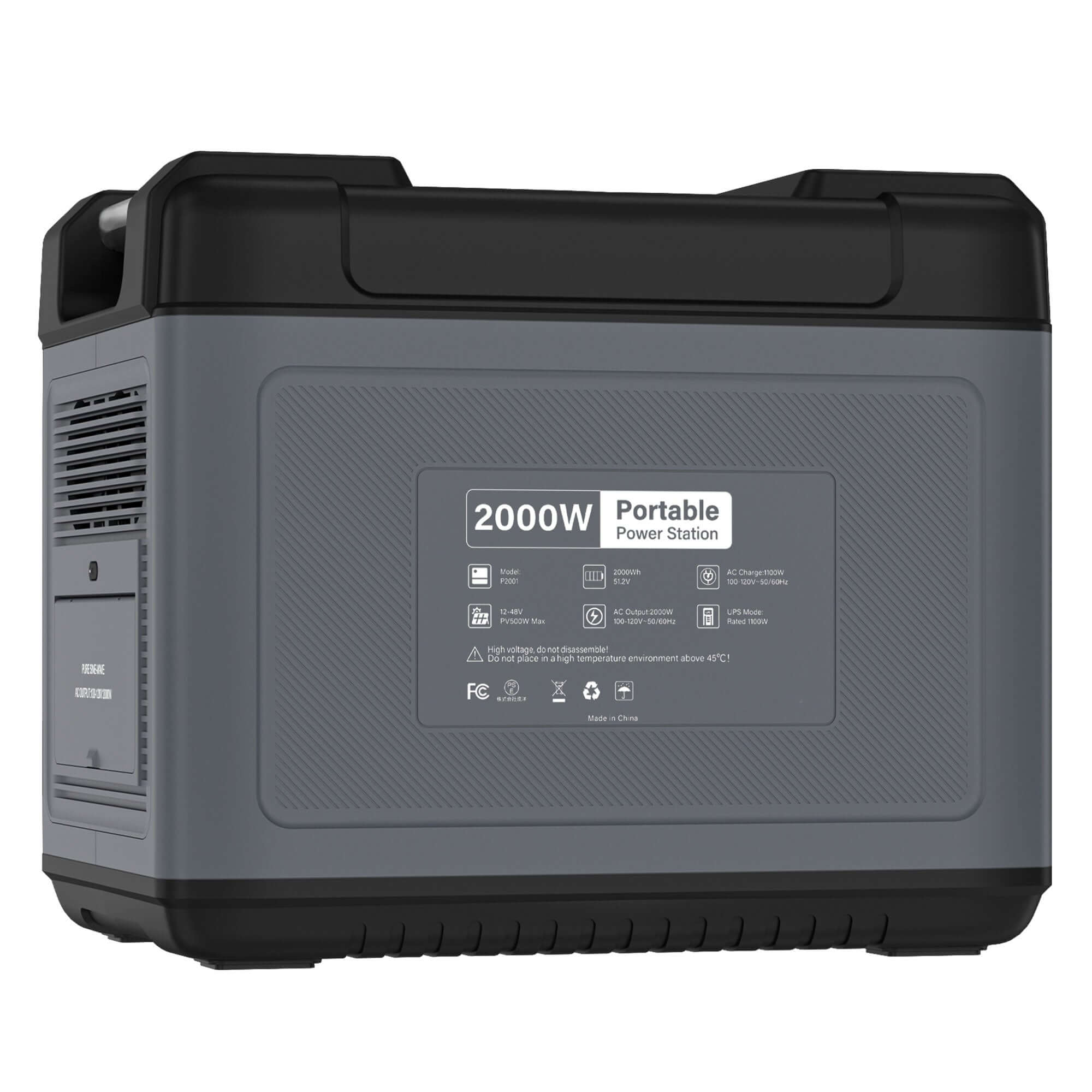 The ACOPOWER gray rectangular power station with black accents boasts a "2000Wh Capacity" label. It includes detailed specifications and safety warnings, while side vents provide optimal airflow.