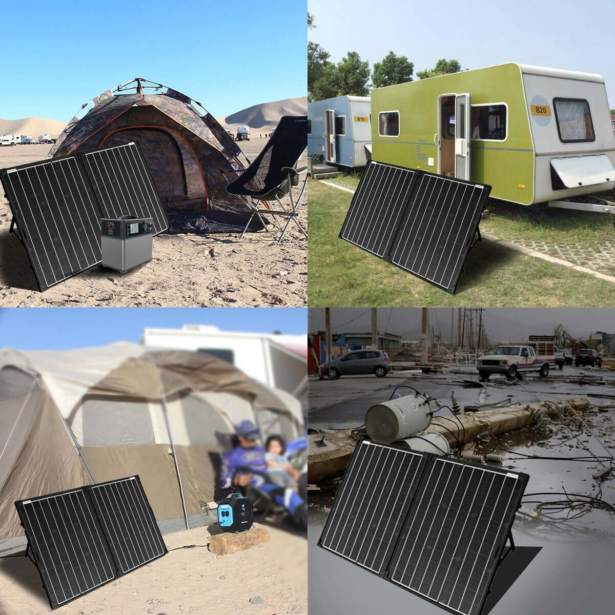 Four scenes featuring ACOPOWER's high-efficiency solar panels: on a sandy beach by a tent, beside an RV on lush grass, near a tent with blurred people in the background, and amidst debris near water. Each scene highlights portable solar panels in off-grid outdoor settings.