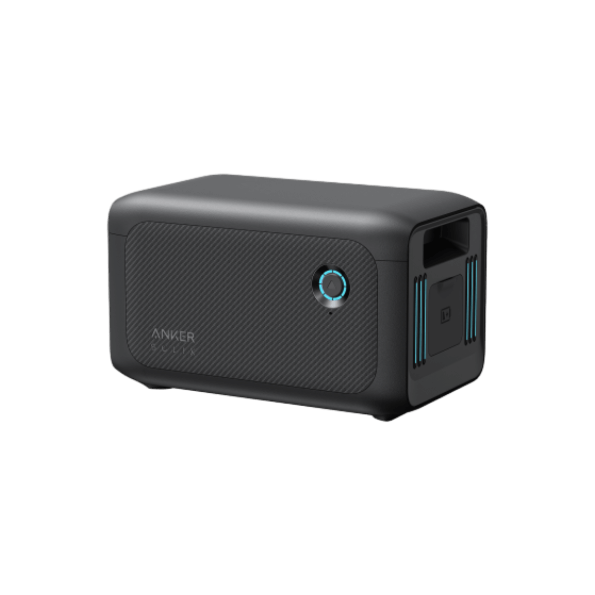The Anker SOLIX BP1000X is a stylish black rectangular portable power station with a textured design and an illuminated circular power button. It includes an expansion battery and a durable LFP battery. One side features multiple ports, such as USB and AC outlets, while the brand name "Anker" is embossed on the side.