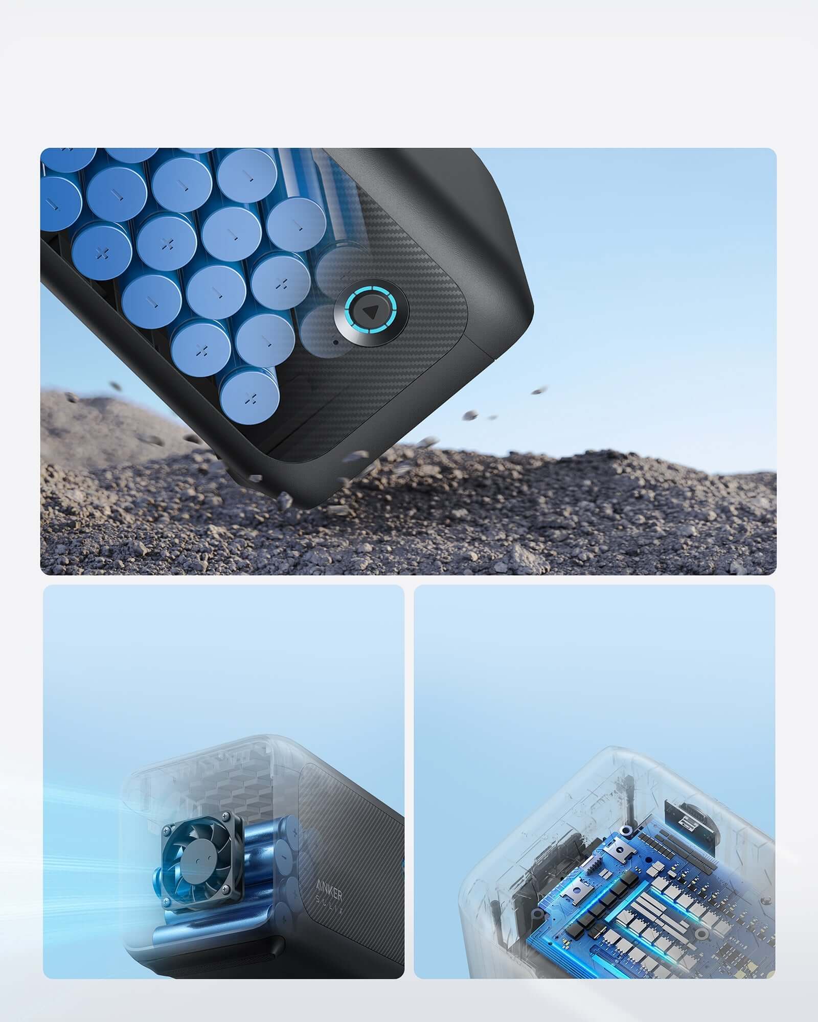 Collage of three images showcasing the Anker SOLIX BP1000X cooling system. The top image features cylindrical battery cells, the bottom left image displays a cooling fan, and the bottom right image reveals internal electronic components through a transparent casing, emphasizing its durable LFP battery design.