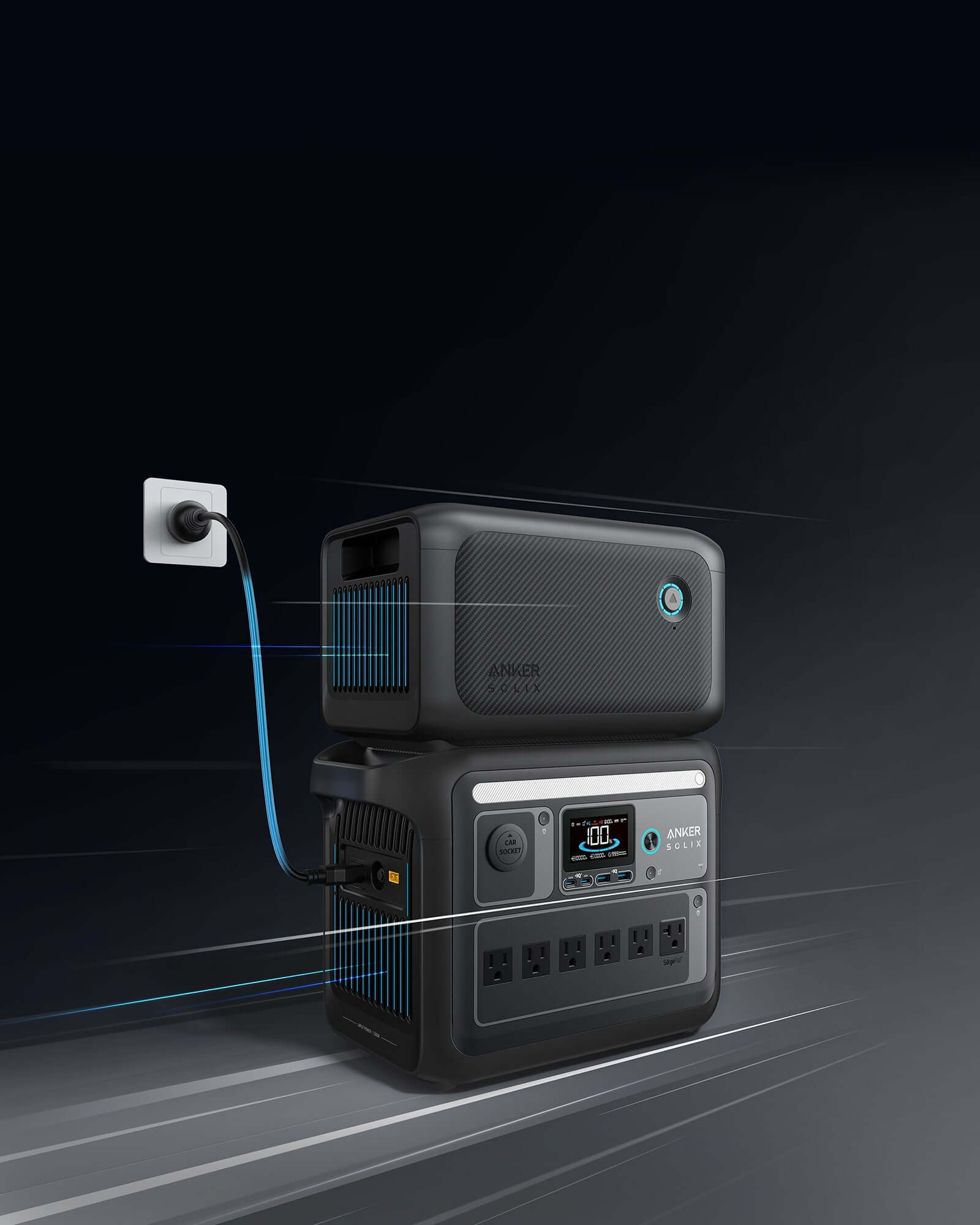 The Anker SOLIX BP1000X portable power station, acclaimed for its durable LFP battery, is plugged into a wall outlet. It features various outlets and an LCD display with battery levels set against a gradient of dark colors.
