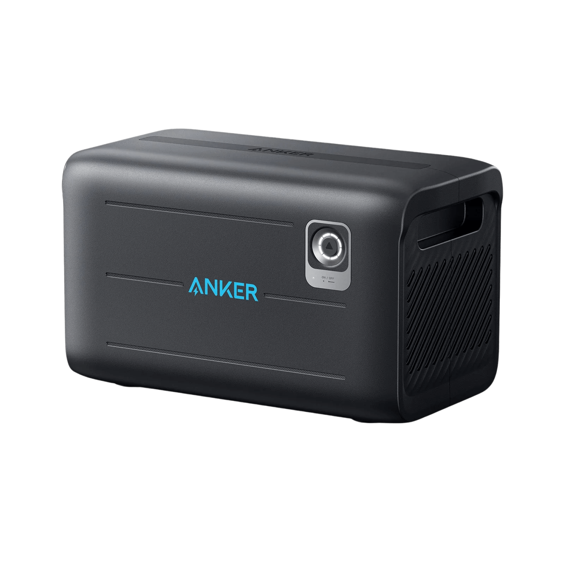 The Anker SOLIX BP2600 is a stylish, black portable power bank equipped with a 560Wh LFP battery. Its design includes a straightforward rectangular shape, features the brand's name in blue, has a textured side panel, and includes a round power button positioned on the front right.
