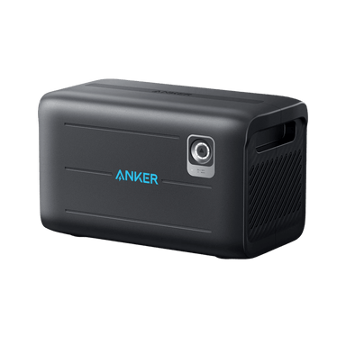 The Anker SOLIX BP2600 is a stylish, black portable power bank equipped with a 560Wh LFP battery. Its design includes a straightforward rectangular shape, features the brand's name in blue, has a textured side panel, and includes a round power button positioned on the front right.