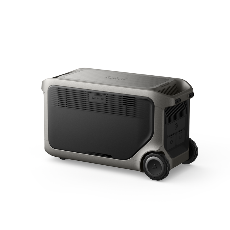 Anker's Solix F3000 portable power station features a black and gray rectangular design, built-in wheels, vented panels, and side control buttons—delivering dependable backup solar generator power, displayed against a white background.