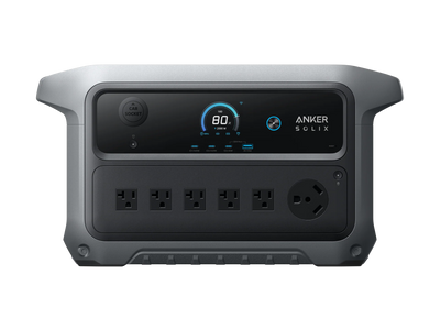 A portable Anker power station features four standard outlets, one round outlet, a display showing 80% battery, and "Anker" labeled at the top right of the front panel.