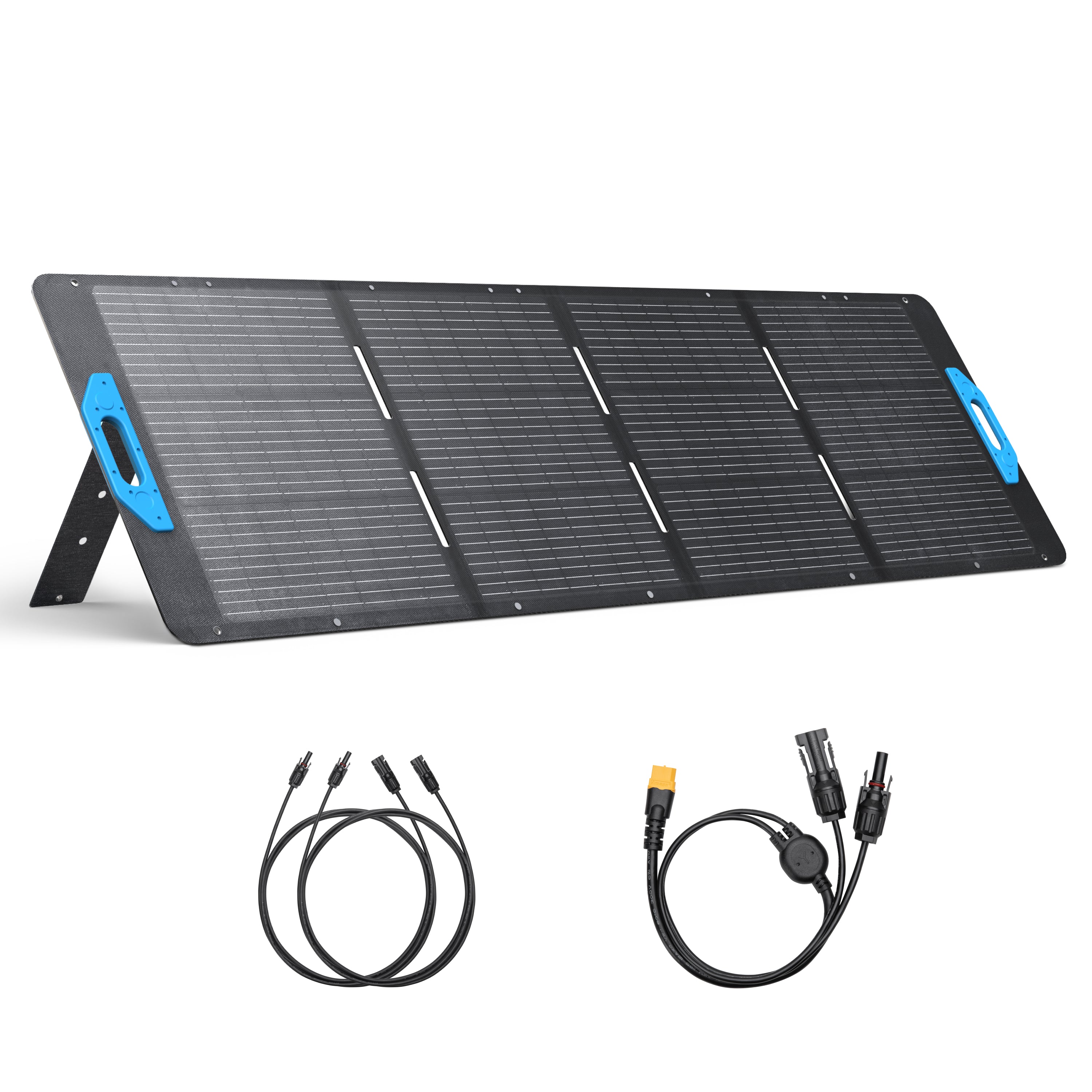 The Anker 531 Solar Panel is a portable unit designed with four foldable sections and offers IP67 waterproof protection. It includes two distinct blue handles and is supported by a stand. Underneath the panel, there are two sets of cables featuring various connectors, highlighting its efficient monocrystalline solar cells.