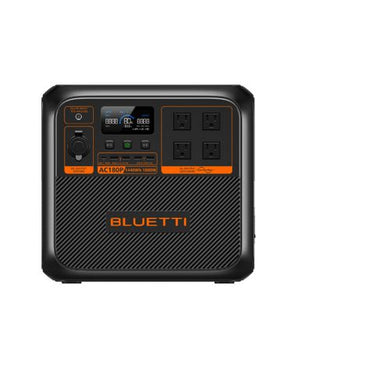 The Bluetti AC180P is a stylish power station with a digital display, multiple USB ports, AC outlets, and control buttons on its front panel. Its black and orange design highlights the "Bluetti" brand as a dependable portable power source.