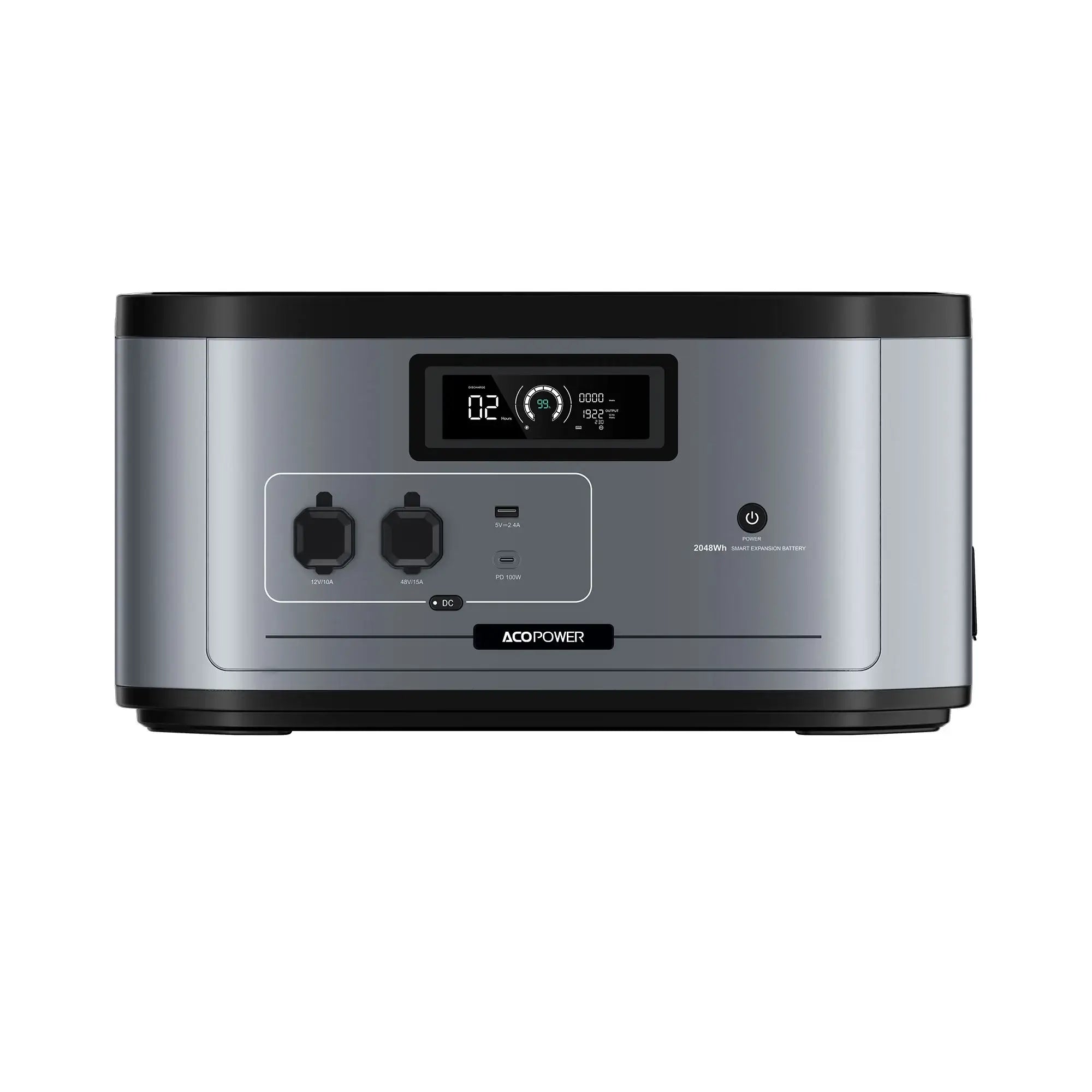 The ACOPOWER portable power station features a digital display, multiple output ports, and a front power button. This silver device with black accents is ideal for off-grid battery needs and is shown against a plain white background.