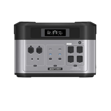 The ACOPOWER BP2000 Solar Generator is a sleek, gray and black portable power station with 2200W capacity. It features a digital display, various ports including AC outlets and USBs, and supports fast charging for your devices.