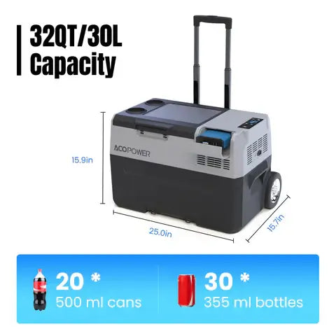 The ACOPOWER wheeled cooler, with a 32-quart capacity, serves as a portable refrigerator with fast cooling. Measuring 25x15.9x15.7 inches, it holds up to 20 cans or 30 bottles and includes a rechargeable battery for convenience on the go.