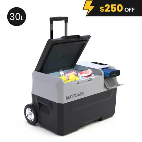The ACOPOWER 30L portable cooler has intelligent temperature control, a rechargeable battery, and displays groceries inside. It features wheels and a retractable handle with a side digital panel. A label suggests a $250 discount.