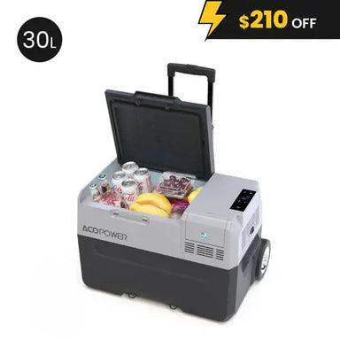 ACOPOWER's portable electric cooler in gray and black comes with wheels, a handle, and a rechargeable battery. It features rapid cooling and holds cans, bottles, and fruit. The cooler is 30L in size, includes a corner graphic with a lightning bolt design, and offers $210 OFF for your convenience.