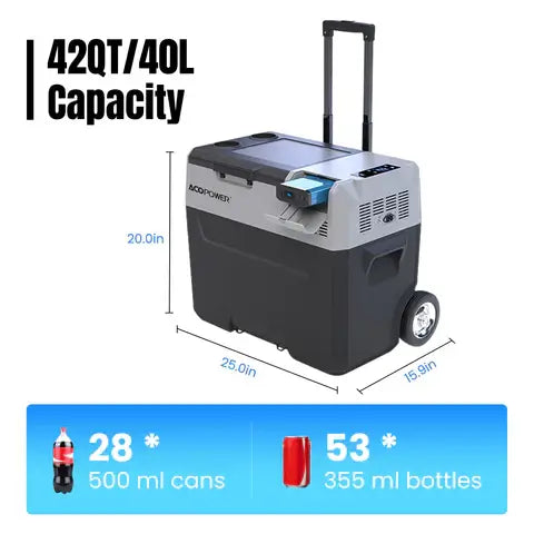 The ACOPOWER LiONCooler Pro is a sleek black and gray portable refrigerator ideal for outdoor adventures, featuring a 42-quart capacity with a control panel on the lid. It has wheels and a retractable handle, accommodates 28 cans or 53 bottles, and measures 25"x20"x15.9".