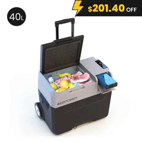 The ACOPOWER portable refrigerator has wheels, an open lid showing fruits, a soda can, and packaged meat inside. It features rapid cooling with a digital control panel and retractable handle. Enjoy a $201.40 discount on this 40-liter fridge with a rechargeable battery.