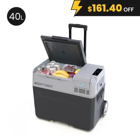 An ACOPOWER portable cooler has its lid open, displaying drinks and bananas. It features wheels, a handle for transport, intelligent temperature control, and "40L" in the top left corner. A yellow lightning icon indicates a $161.40 discount.