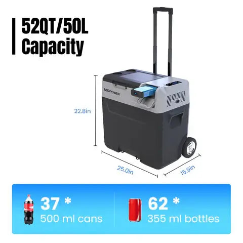 The ACOPOWER LiONCooler Pro is a portable cooler with wheels and a telescopic handle. It features a 52 QT/50 L capacity and dimensions of 22.8" H x 25.0" W x 15.9" D, accommodating up to 37 cans of 500 ml or 62 bottles of 355 ml, ideal for outdoor adventures.