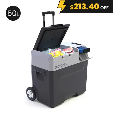 An ACOPOWER portable refrigerator with wheels and retractable handle is open, showing ice packs and lemons. The lid's control panel provides rapid cooling. Text indicates a $213.40 discount and highlights its 50L capacity powered by a rechargeable battery.