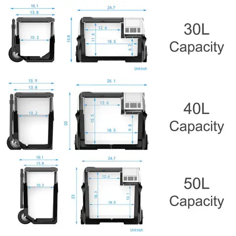 Diagram illustrating the dimensions of ACOPOWER portable refrigerators, available in 30L, 40L, and 50L capacities. Each model's width, depth, and height are detailed in inches. Featuring rapid cooling technology, these units include wheels and a handle for easy portability.
