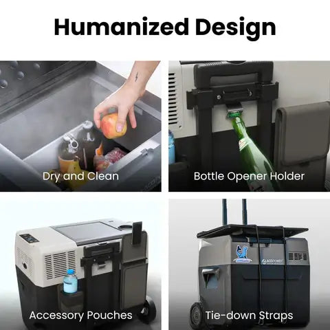 An ACOPOWER cooler collage highlights its features: top left shows a hand retrieving drinks from its clean interior, top right has a built-in bottle opener, bottom left displays accessory pouches and rechargeable battery, and bottom right features tie-down straps with blue wheel logo.