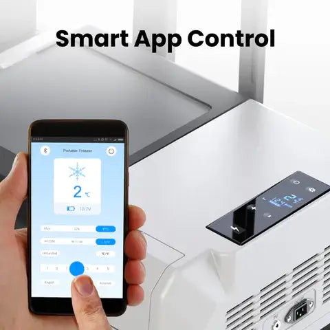 A person holds a smartphone showing ACOPOWER's freezer control app with rapid cooling settings, ideal for outdoor adventures. Nearby, a portable fridge features a digital control panel. Text above reads "Smart App Control.