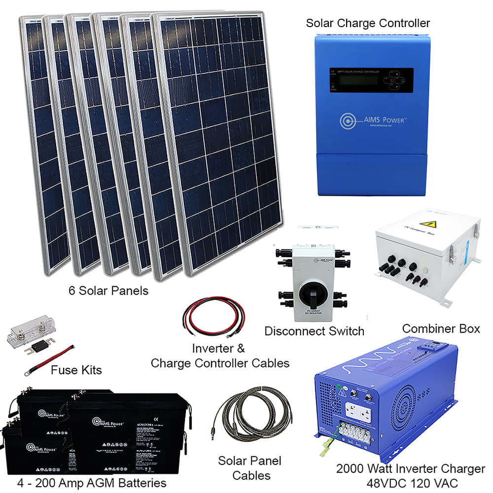 The AIMS Power 1980W Solar Kit features six solar panels, a charge controller, fuse kit, disconnect switch, combiner box, controller cables, four batteries, and a 2000W inverter—ideal for off-grid living.