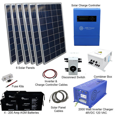 The AIMS Power 1980W Solar Kit features six solar panels, a charge controller, fuse kit, disconnect switch, combiner box, controller cables, four batteries, and a 2000W inverter—ideal for off-grid living.